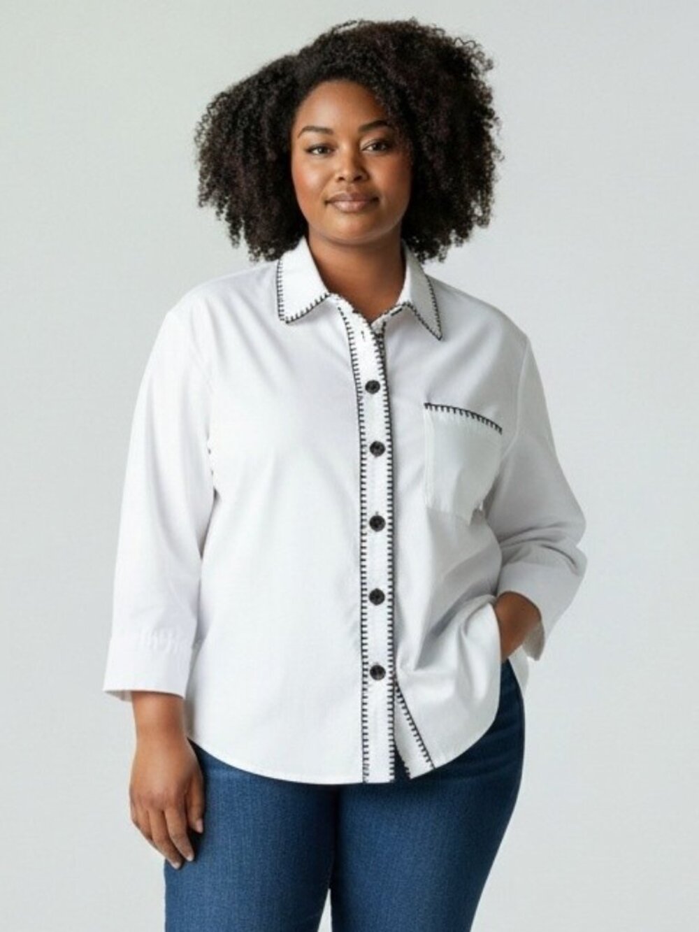 HM2 Womens Size 1X White Contrast Pipe Long Sleeve Button Up Collared Shirt Top
